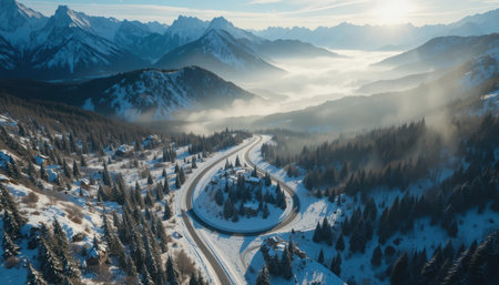 A winding road cuts through a snowy mountain landscape under a sunrise with fog in the valleys.の素材