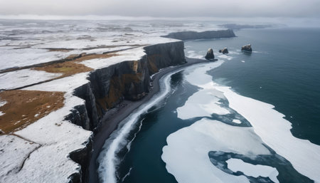Cliffs and frozen sea ice create a stark view in a remote winter landscape near the ocean.の素材