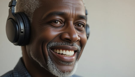 A joyful man wears headphones, smiling brightly as he enjoys listening to music at home.の素材