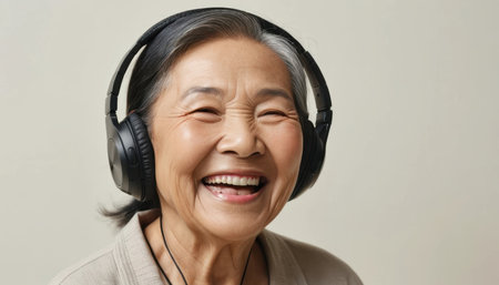 Elderly woman wears headphones and smiles joyfully while enjoying music in a light-colored room.の素材