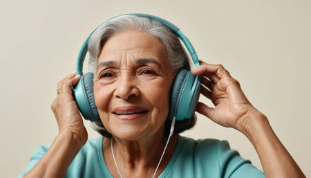 Elderly woman with gray hair smiles joyfully while wearing teal headphones, deeply immersed in music.の素材