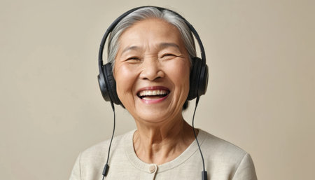 A joyful elderly woman with gray hair smiles while wearing headphones, enjoying music in a cozy indoor setting.の素材