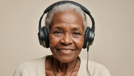 A smiling senior woman listens to music with headphones on, showing joy and tranquility in her home.の素材