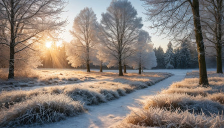 Sunlight filters through frosted trees, illuminating a peaceful winter scene with a snowy path at dawn.の素材