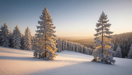 Snow blankets evergreen trees as the sun rises, casting warm light over a peaceful winter scene.の素材