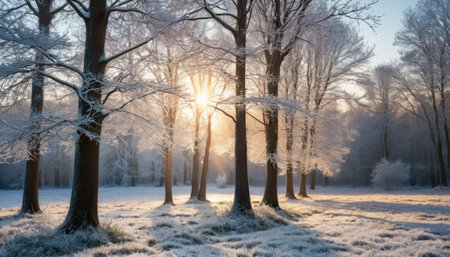Early morning light shines through frost-covered trees, creating a serene winter atmosphere.の素材