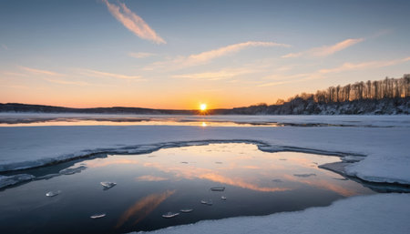 Sunset casts a warm glow over a frozen lake, with reflections shimmering in the water.の素材