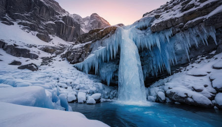A stunning waterfall cascades down icy cliffs surrounded by snow and ice in a tranquil mountain setting.の素材