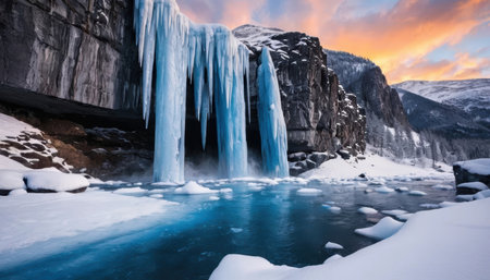 A frozen waterfall glistens in winter sun, framed by snow and mountains under a vibrant sky.の素材