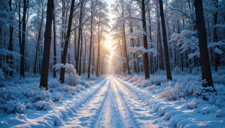 A serene path winds through a snowy forest, with sunlight filtering through tall trees at dusk.の素材