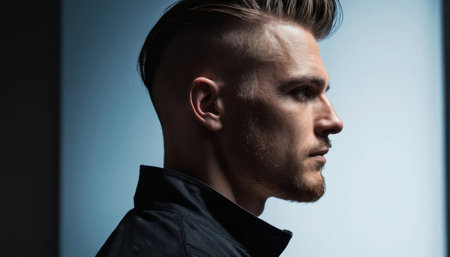 A man stands in profile, showing a trendy haircut and thoughtful expression. The background is minimalist and modern.の素材