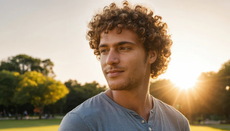 A young man with curly hair stands calmly in a park, watching the sunset. The warm light creates a serene atmosphere.の素材