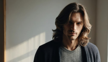A man stands in a softly lit room, looking thoughtfully at the camera with his long hair cascading down.の素材