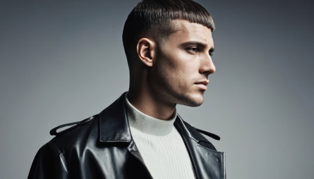 A well-dressed man with a modern haircut stands confidently, showing his style and poise.の素材