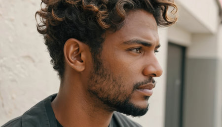 A young man stands outside, gazing thoughtfully into the distance, lost in deep contemplation.の素材