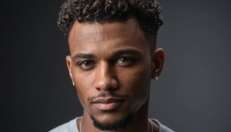 A young man with curly hair looks directly at the camera with a serious expression, showing his style.の素材