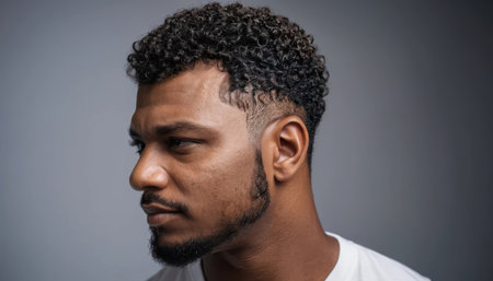 A young man with curly hair and a beard gazes thoughtfully off-camera in a neutral setting.の素材