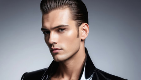 A fashionable man showcases his striking profile while wearing a glossy black jacket in a studio setting.の素材