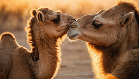 A mother camel affectionately interacts with her calf during a serene sunset in the desert landscape.の素材