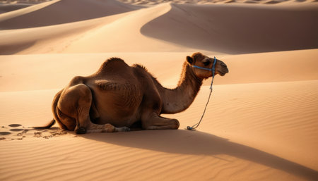 A solitary camel relaxes on soft dunes under a warm evening light, showing the beauty of the desert.の素材