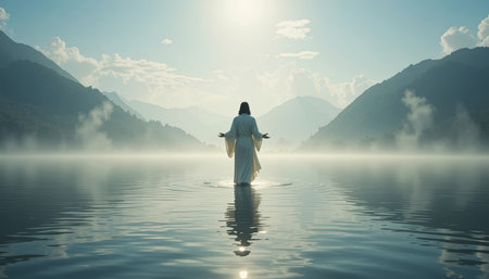 Jesus stands in a calm lake with misty mountains behind, creating a serene and peaceful atmosphere.の素材