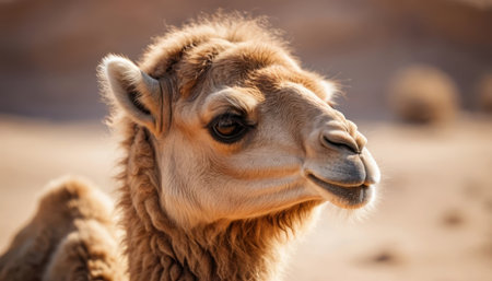 A young camel calf relaxes in the warm sun, surrounded by soft sand and desert scenery during a clear day.の素材