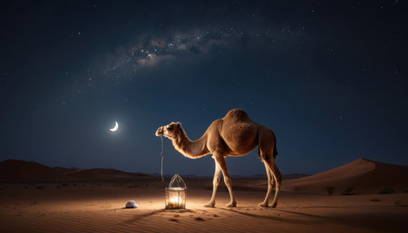 A camel stands in a tranquil desert, next to a lantern, gazing at a crescent moon amidst bright stars.の素材