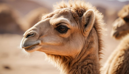 A young camel stands in a dry landscape, showing its striking features under warm sunlight.の素材