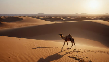 A camel strolls through expansive golden dunes under the warm glow of the setting sun.の素材