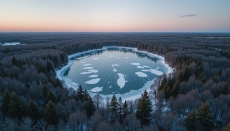 A frozen lake is visible with broken ice forming shapes. The scenery is surrounded by trees during sunset.の素材