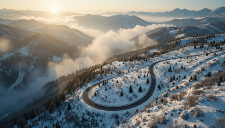 A winding road cuts through snowy mountains at sunrise with clouds below. The view shows a peaceful landscape.の素材