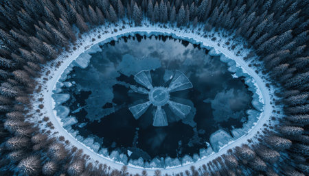 Aerial view of a frozen lake with a unique pattern surrounded by snowy trees in winter.の素材