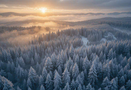 Sunrise lights up a snowy forest filled with tall trees and mist during winter.の素材
