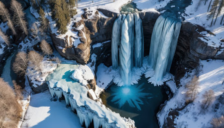 Two waterfalls cascade down into a frozen lake while trees surround the scene in winter.の素材
