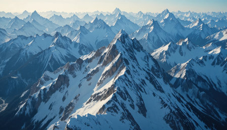 Snowy mountain tops stretch across the landscape under a clear blue sky during the day.の素材