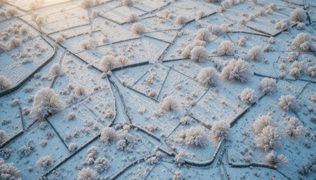 Fields and trees are covered with frost in a winter landscape at dawn. The scene shows a quiet rural area.の素材