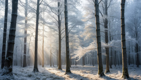 Sunlight shines through tall trees in a forest covered in frost during winter. The scene shows a tranquil atmosphere.の素材
