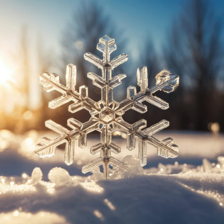 A snowflake sits on a blanket of snow with sunlight shining through trees in the background during winter.の素材