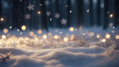 Snowflakes drift down in a winter forest. Soft lights shine amidst the snow-covered ground.の素材