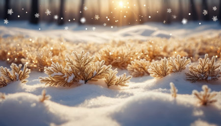 Snowy ground shows brown plants with sunlight shining through trees and snowflakes falling softly.の素材