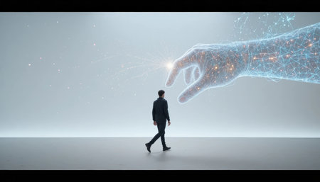 A man walks on a smooth surface in a space with a digital hand reaching towards him. The setting has a modern look.の素材