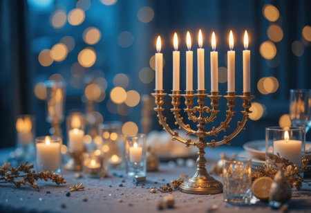 Hanukkiah stands on a table surrounded by candles and festive decorations during a holiday gathering.の素材