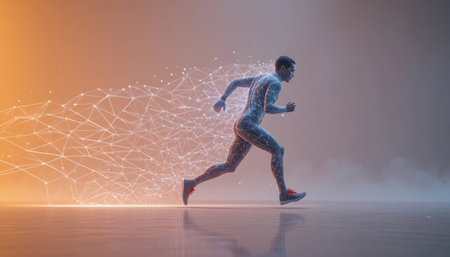 A person is running forward in a digital scene filled with lines and shapes. The background shows a gradient of colors.の素材