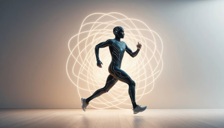 A figure with a sleek design runs against a backdrop of glowing light patterns.の素材