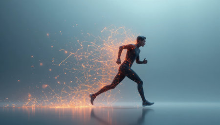 A runner moves swiftly, leaving behind bright energy trails in a modern setting with soft lighting.の素材