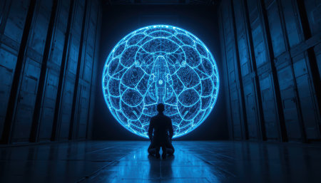 A person kneels on the floor in a dimly lit room looking at a large blue circle filled with patterns.の素材