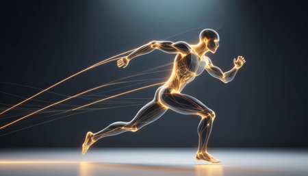 A figure runs with lines of light trailing from its body, showing motion and energy. The background is dark and simple.の素材