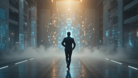 A person approaches a holographic figure in a high-tech room with glowing screens and fog.の素材