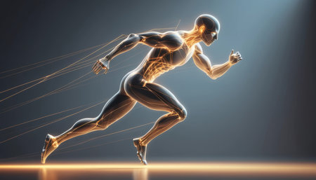 A figure in motion runs swiftly, showcasing a design with glowing lines and energy in a digital setting.の素材