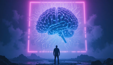A person stands facing a large digital brain surrounded by circuit patterns in a dark and misty environment.の素材